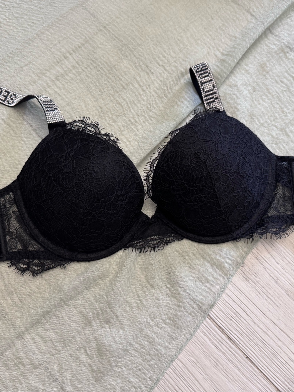 Victoria's Secret Black Lace Push-Up Bra with Branded Straps